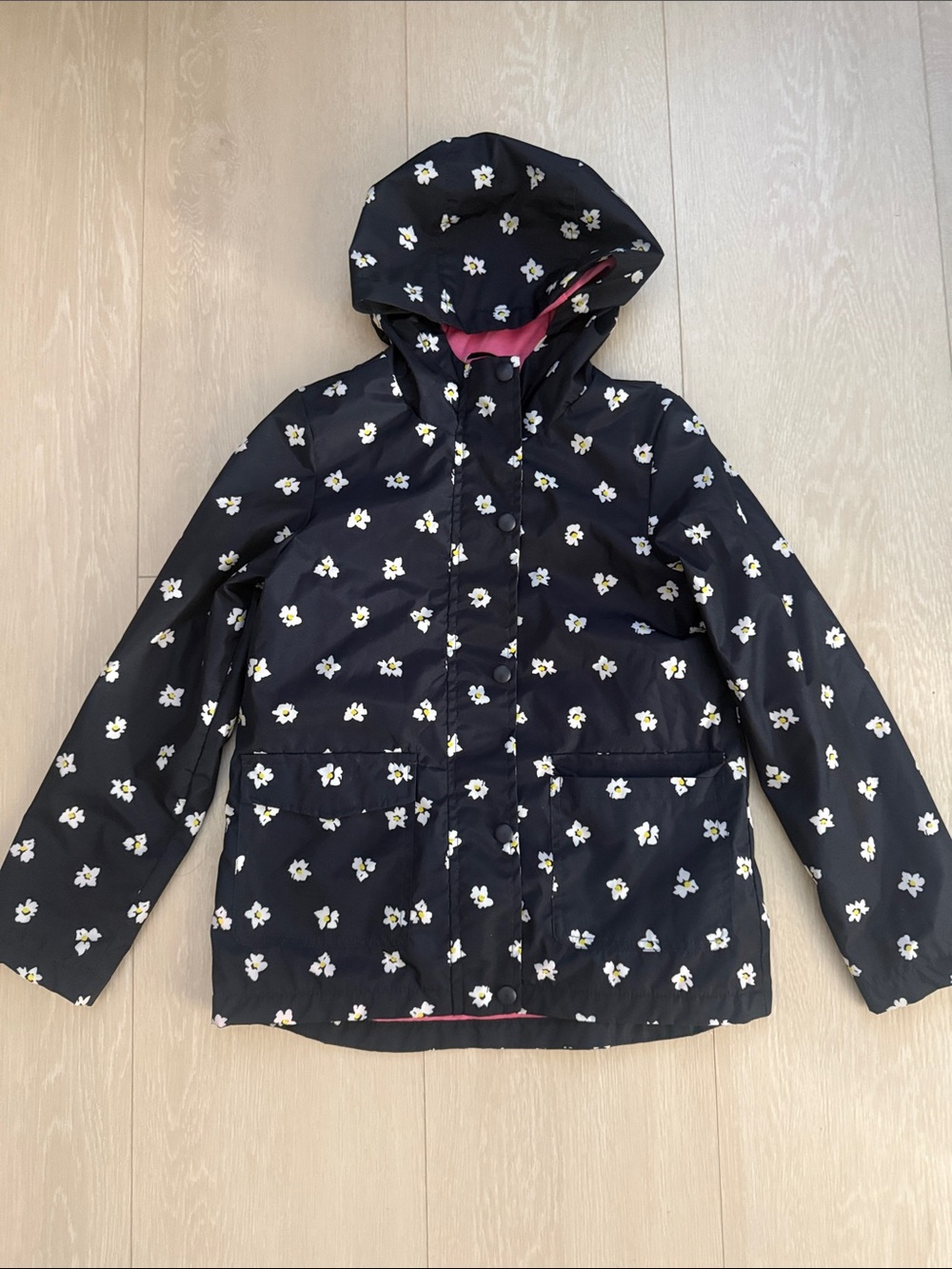 Joe Fresh Black Floral Hooded Raincoat with Pink Lining